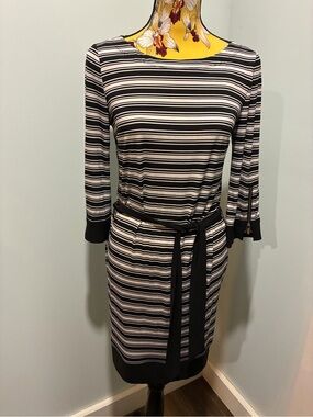 LAUNDRY BY DESIGN Black & White Striped Belted Women's Dress Zip Sleeves Sz S